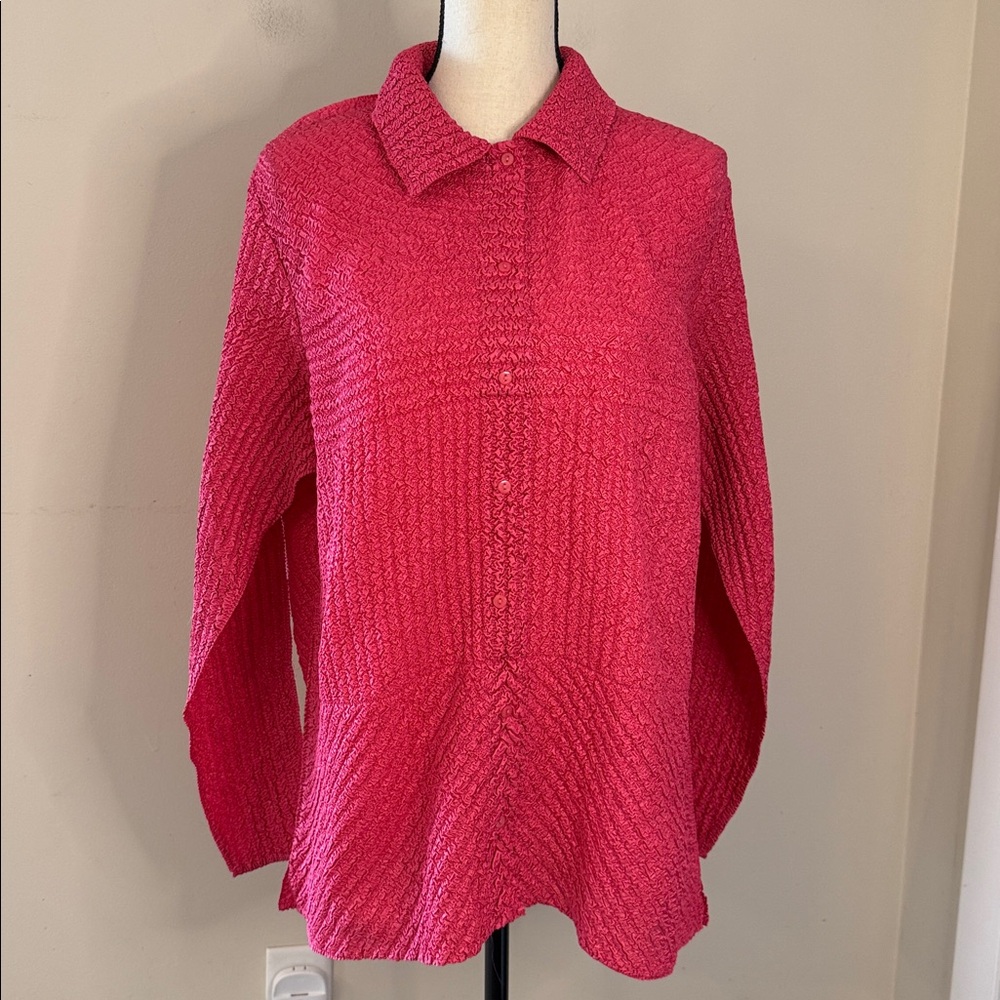 Coldwater Creek Rich Pink Crinkle Blouse long sleeves collar lightweight SZ Med